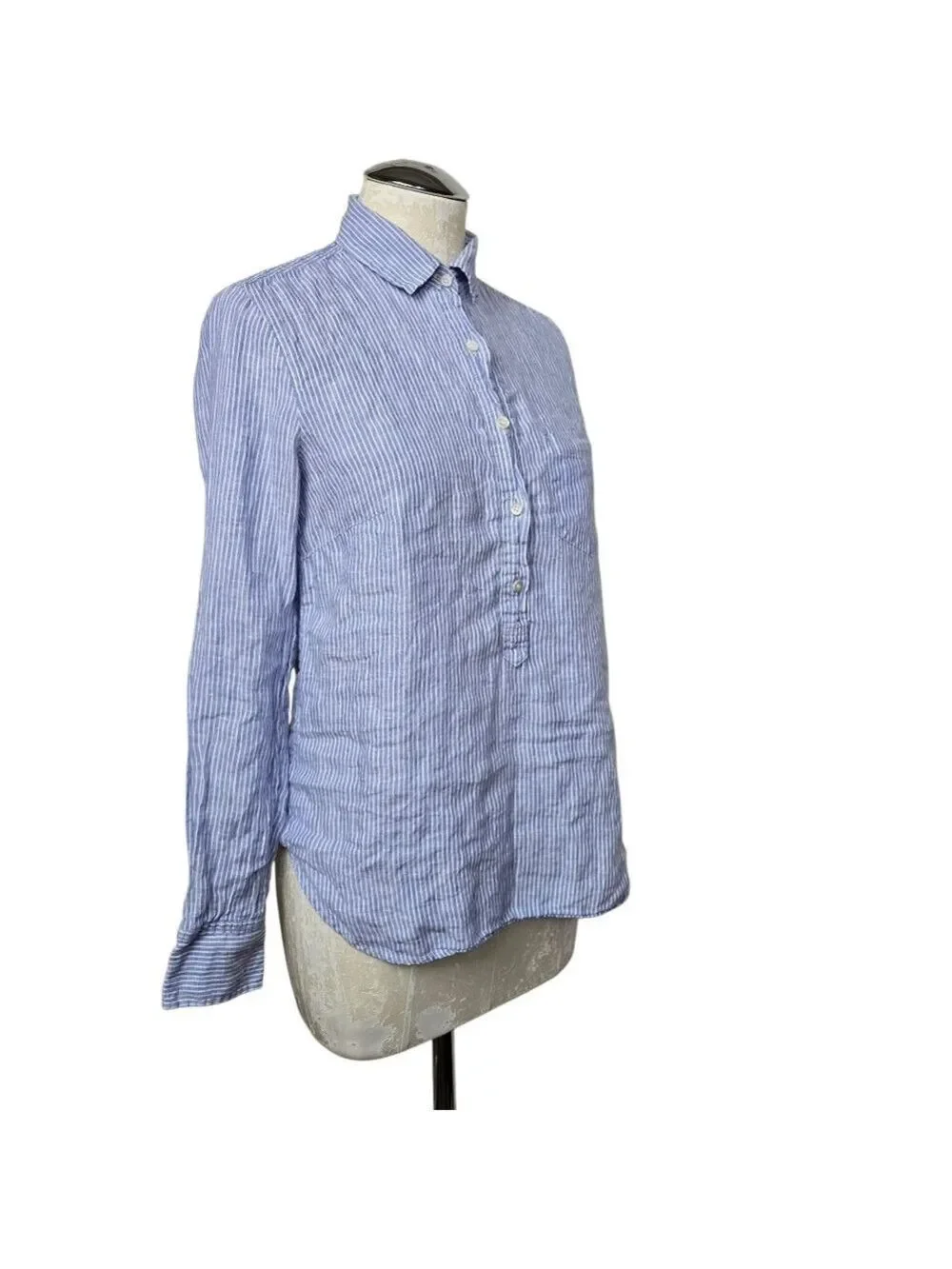 J. Crew Linen Striped Half Button Down Shirt Long Sleeve White Blue 0
